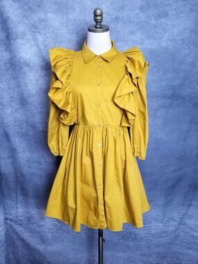 ZARA Mustard Yellow Voluminous Ruffled Poplin Mini Shirt Dress Boho Chic Size S